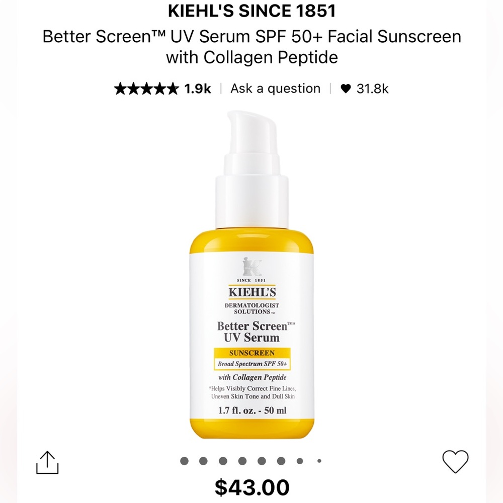 Kiehl’s Better Screen UV Serum SPF 50+ Facial Sunscreen with Collagen Peptide